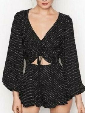 Victoria’s Secret Polka Dot Ruched Keyhole Open Back Romper | Black/White | S